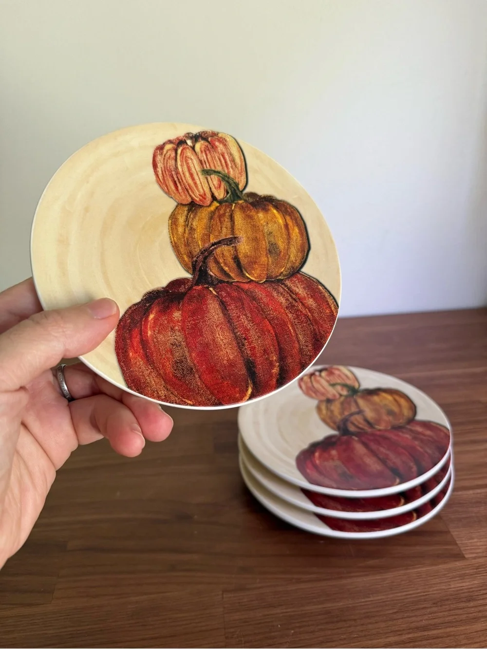 Pottery Barn Handpainted Pumpkin Appetizer Plates Set of 4 (Fall Thanksgiving)